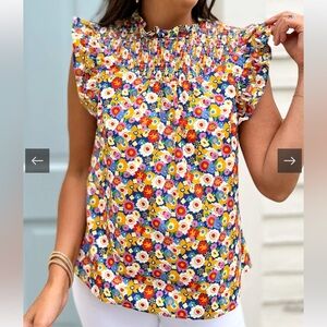 SSYS Annabelle Smock Neck Floral Top Navy Multicolor Ruffle Tank L